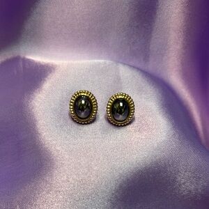 Louis Feraud Grey Hematite Cabochon Stone Gold Tone Stud Earrings